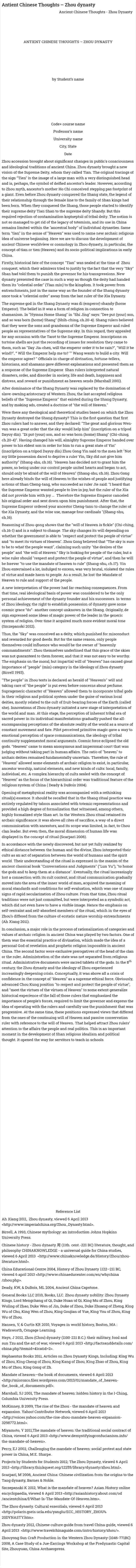 Antient Chinese Thoughts – Zhou dynasty