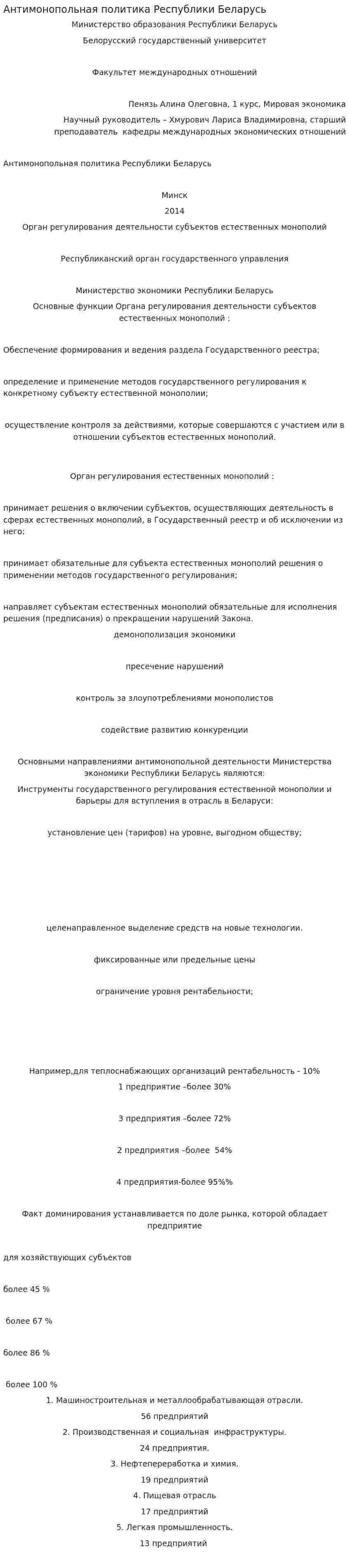 Антимонопольная политика Республики Беларусь