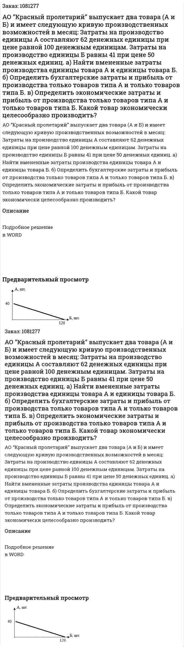 АО “Красный пролетарий” выпускает два товара (А и Б) и имеет следующую кривую производственных возможностей в месяц:  Затраты на производство единицы А составляют  62 денежных единицы при цене равной 100 денежным единицам.  Затраты на производство единицы Б равны 41 при цене 50 денежных единиц.  а) Найти вмененные затраты производства единицы товара А и единицы товара Б.  б) Определить бухгалтерские затраты и прибыль от производства только товаров типа А и только товаров типа Б.  в) Определить экономические затраты и прибыль от производства только товаров типа А и только товаров типа Б. Какой товар экономически целесообразно производить? 