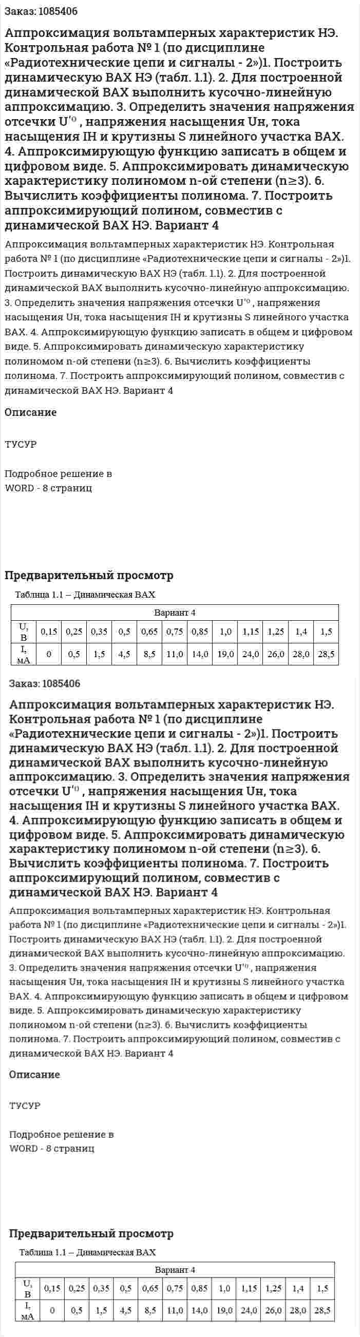 Аппроксимация вольтамперных характеристик НЭ.  Контрольная работа № 1 (по дисциплине «Радиотехнические цепи и сигналы - 2»)1.	Построить динамическую ВАХ НЭ (табл. 1.1). 2.	Для построенной динамической ВАХ выполнить кусочно-линейную аппроксимацию. 3.	 Определить значения напряжения отсечки Uʹ⁰ , напряжения насыщения Uн, тока насыщения IН и  крутизны S линейного участка ВАХ. 4.	Аппроксимирующую функцию записать в общем и цифровом виде. 5.	Аппроксимировать динамическую характеристику полиномом  n-ой степени (n≥3). 6.	Вычислить коэффициенты полинома. 7.	Построить аппроксимирующий полином, совместив с динамической ВАХ НЭ. Вариант 4 