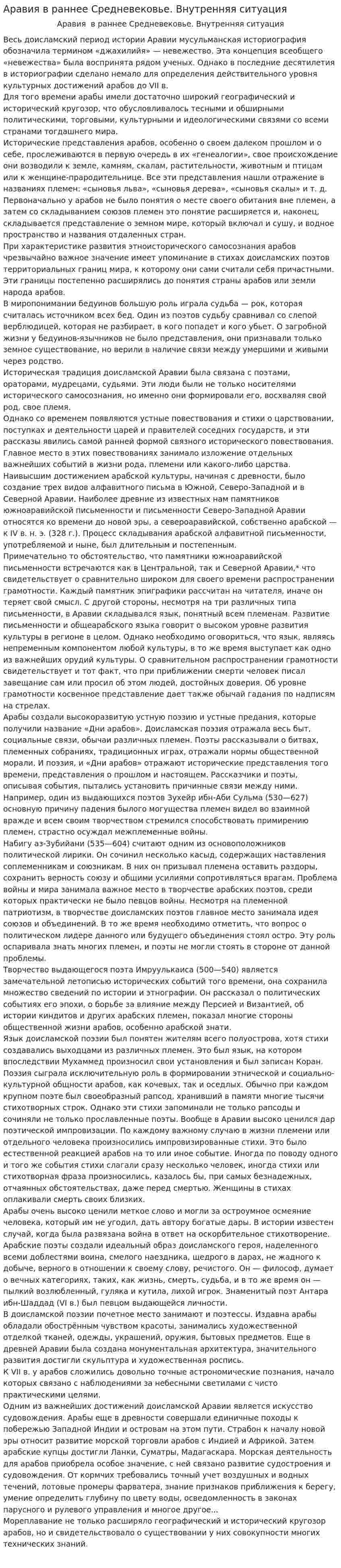 Аравия в раннее Средневековье. Внутренняя ситуация