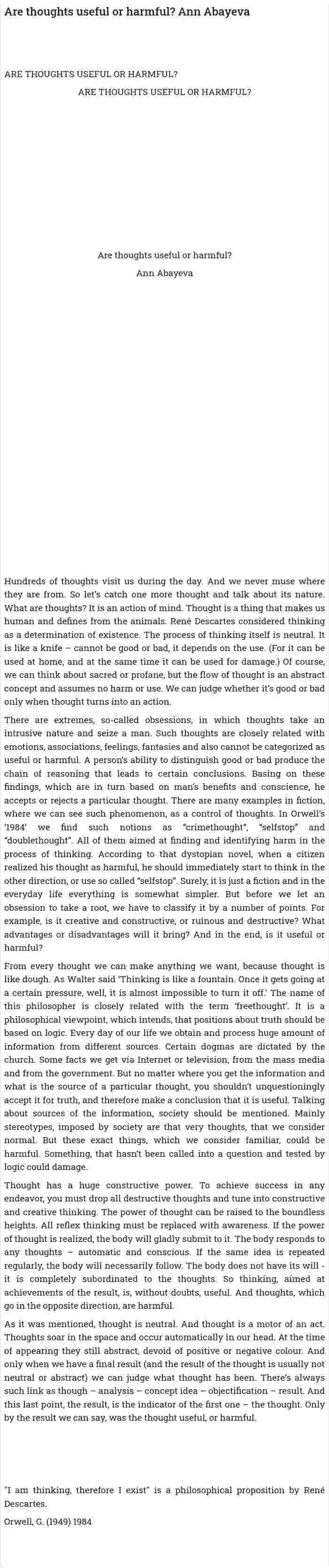 Are thoughts useful or harmful? Ann Abayeva