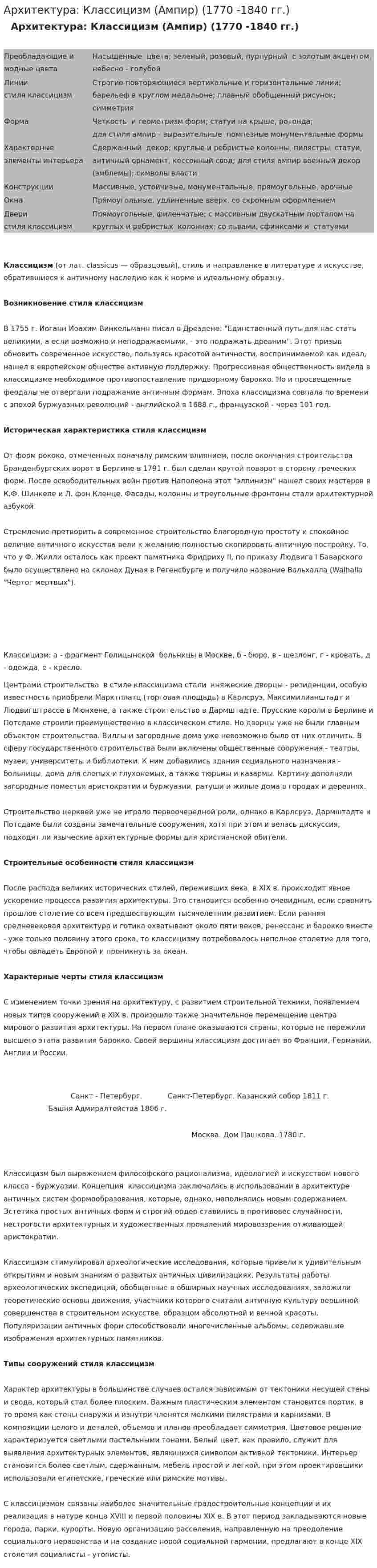 Архитектура: Классицизм (Ампир) (1770 -1840 гг.)
