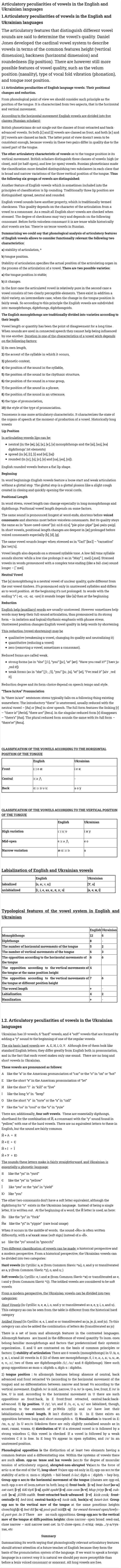 Articulatory peculiarities of vowels in the English and Ukrainian languages