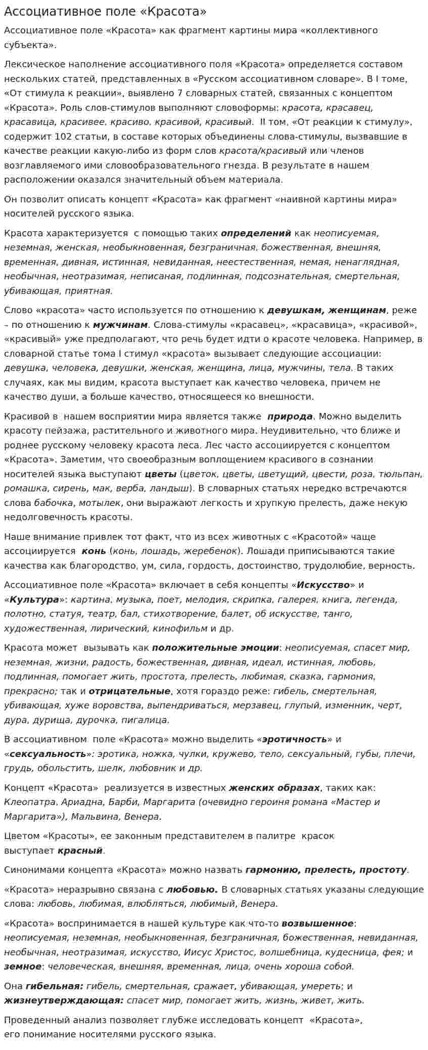Ассоциативное поле «Красота»