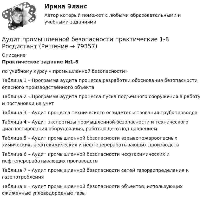      
            Описание
            Практическое задание №1-8 по учебному курсу « промышленной безопасности»Таблица 1 – Программа аудита процесса разработки обоснования безопасности опасного производственного объектаТаблица 2 – Программа аудита процесса пуска подъемного сооружения в работу и постановки на учетТаблица 3 – Аудит процесса технического освидетельствования трубопроводовТаблица 4 – Аудит экспертизы промышленной безопасности и технического диагностирования оборудования, работающего под давлениемТаблица 5 – Аудит промышленной безопасности взрывопожароопасных химических, нефтехимических и нефтеперерабатывающих производствТаблица 6 – Аудит промышленной безопасности нефтехимических и нефтеперерабатывающих производствТаблица 7 – Аудит промышленной безопасности сетей газораспределения и газопотребленияТаблица 8 – Аудит промышленной безопасности объектов, использующих сжиженные углеводородные газы   
            
            
            Аудит предприятия Аудит промышленной безопасности практические 1-8 РосдистантАудит рр 1 вариант  № 1  Аудит рр 1 виттеаудит рр 2 вариант 2 Аудит  рр 2 вариант 4аудит рр 2,  вариант 7💯 Аудит (ответы на тест Синергия / МОИ / МТИ / МосАП, ноябрь 2023)Аудит (ответы на тест Синергия / МТИ / МОИ / МосАП)⭐ Аудит (ответы на тест Синергия / МТИ / МосАП, июль 2022)💯 Аудит (ответы на тест Синергия / МТИ / МосАП, май 2023)⭐ Аудит (ответы на тест Синергия / МТИ / МосАП, сентябрь 2022)💯 Аудит (ответы на тест Синергия / МТИ / МосАП, январь 2023)💯 Аудит (правильные ответы на тест Синергия / МОИ / МТИ / МосАП)