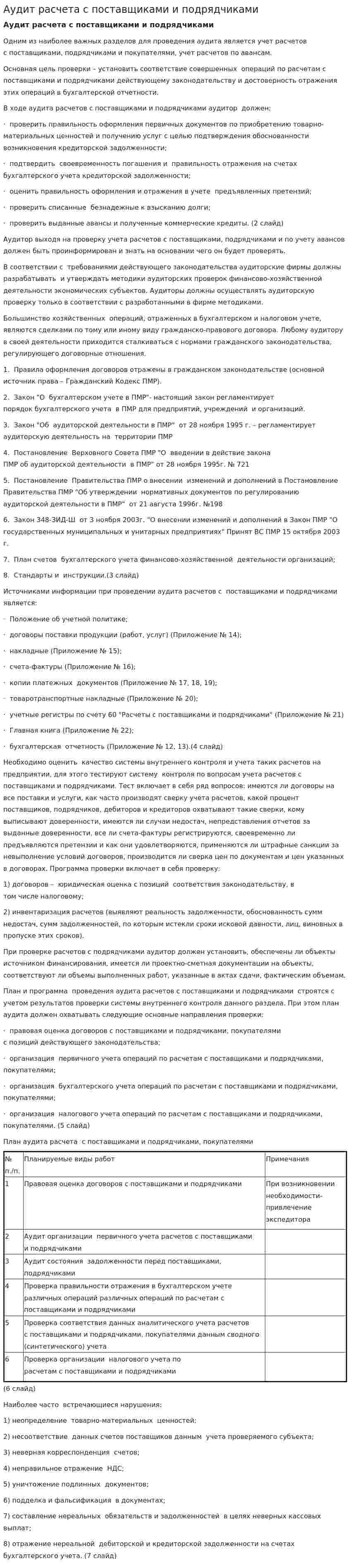Аудит расчета с поставщиками и подрядчиками