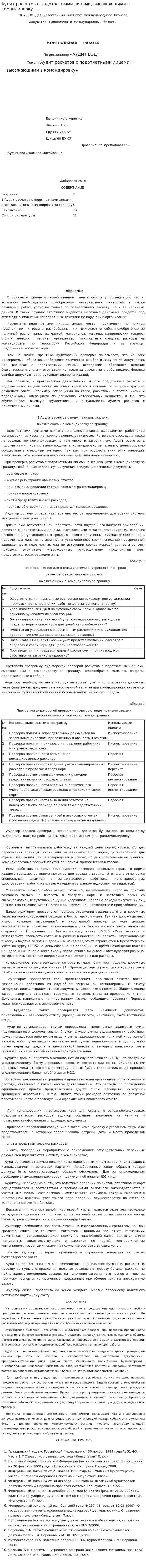 Аудит расчетов с подотчетными лицами, выезжающими в командировку