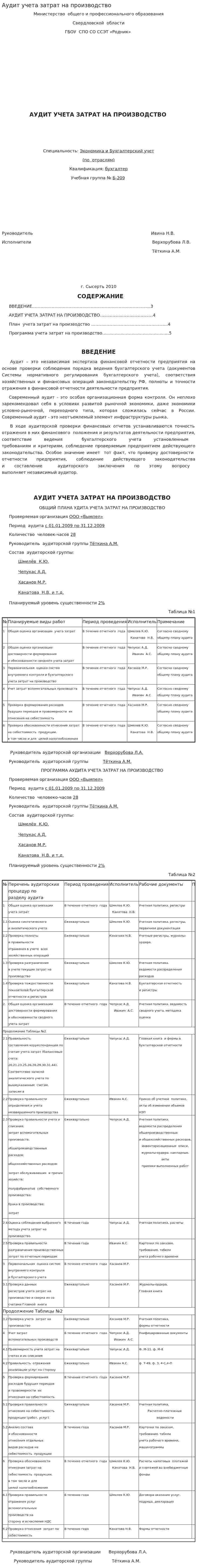 Аудит учета затрат на производство