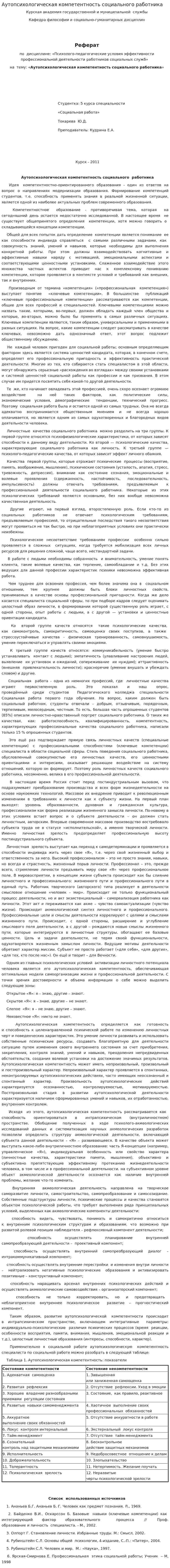 Аутопсихологическая компетентность социального работника