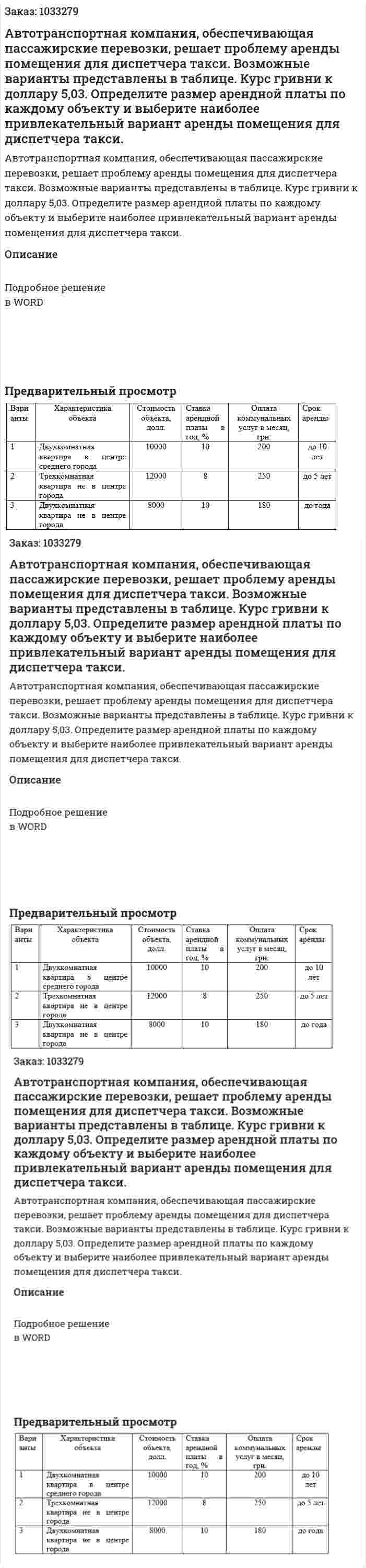 Автотранспортная компания, обеспечивающая пассажирские перевозки, решает проблему аренды помещения для диспетчера такси. Возможные варианты представлены в таблице. Курс гривни к доллару 5,03. Определите размер арендной платы по каждому объекту и выберите наиболее привлекательный вариант аренды помещения для диспетчера такси. 