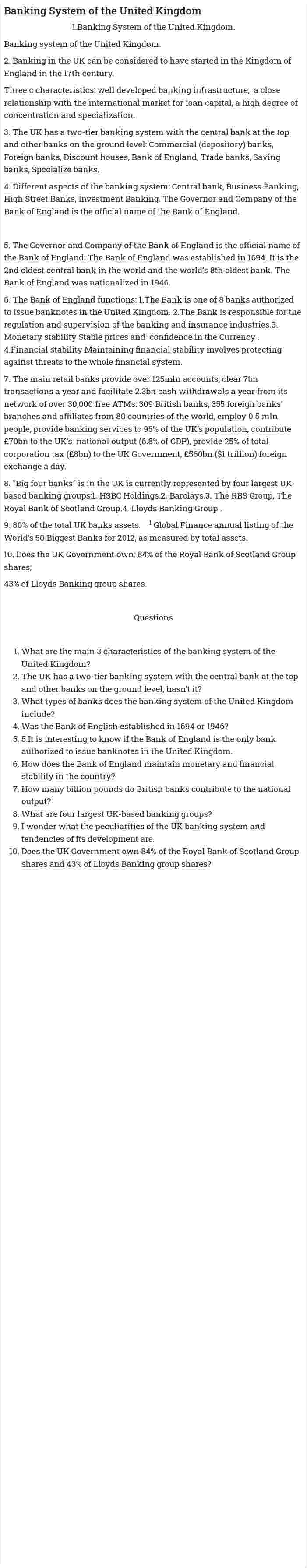 Banking System of the United Kingdom