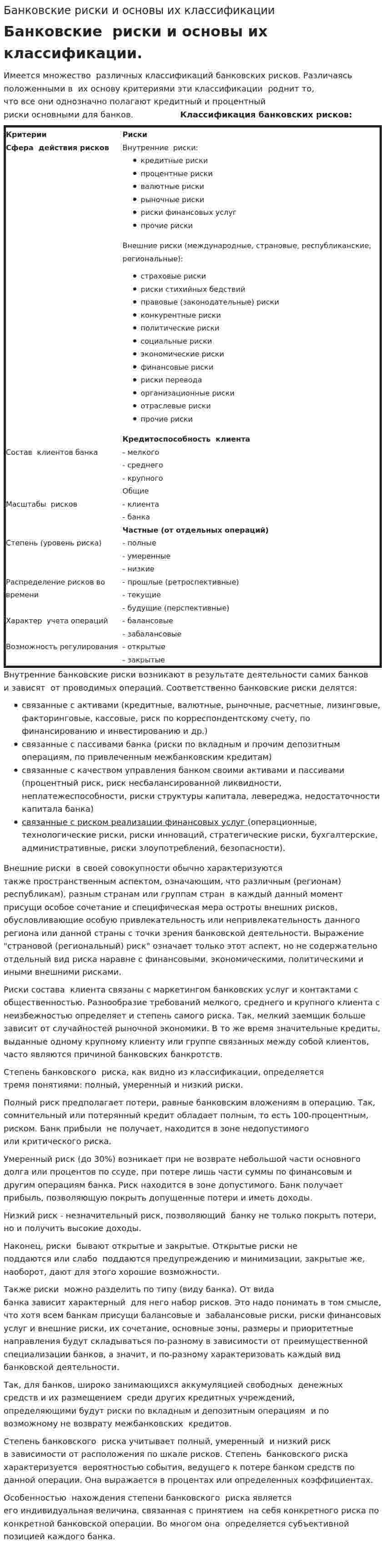 Банковские риски и основы их классификации