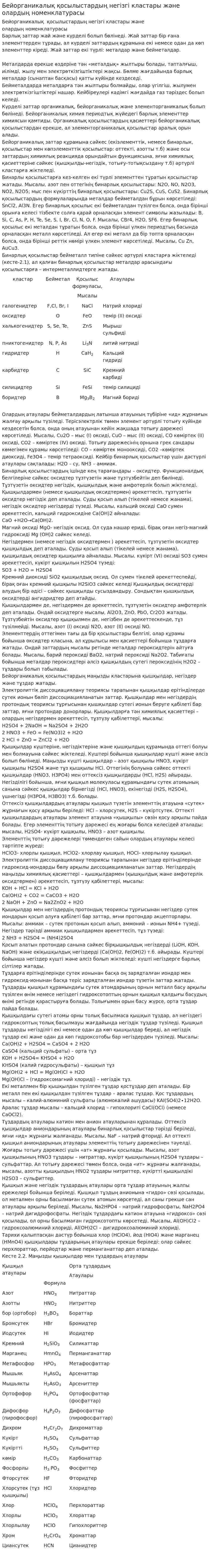 Бейорганикалық қосылыстардың негізгі кластары және олардың номенклатурасы. 2