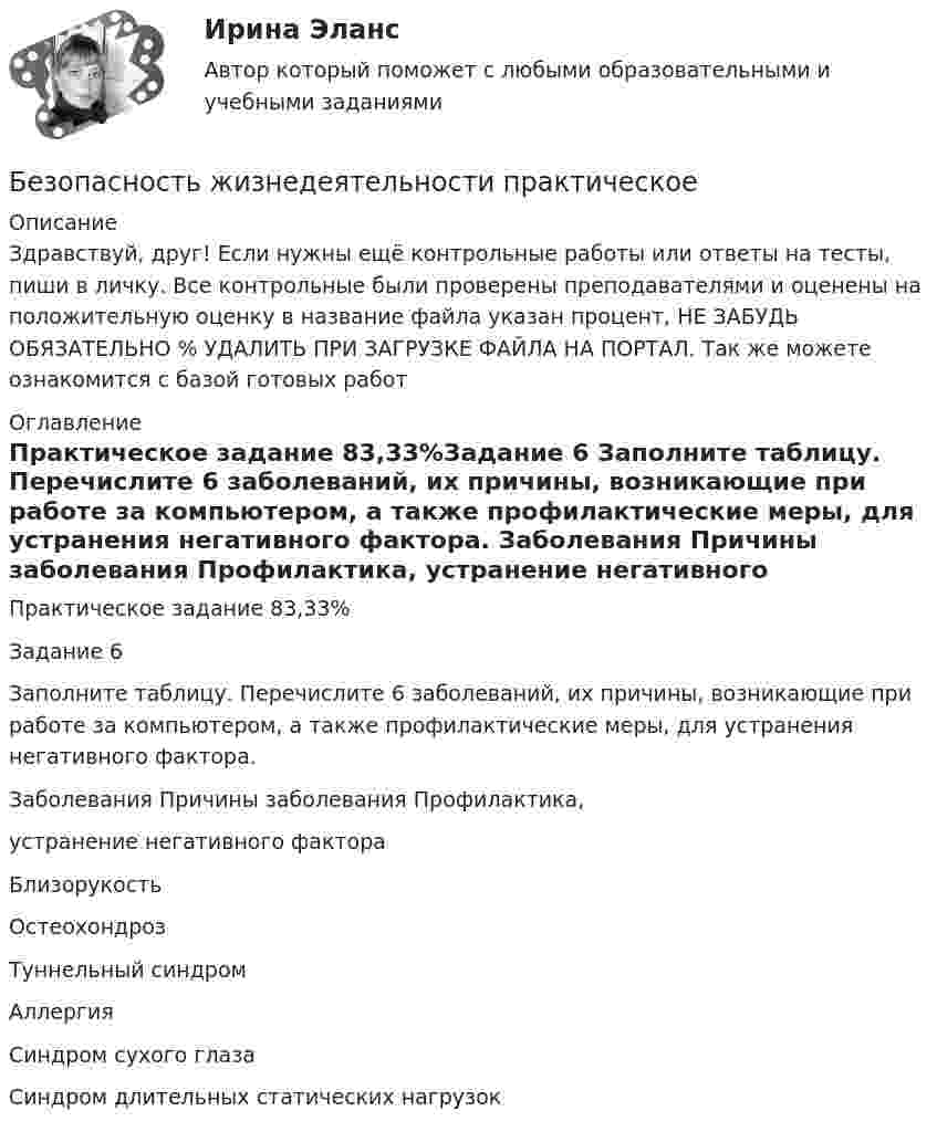     
          Описание
          Здравствуй, друг! Если нужны ещё контрольные работы или ответы на тесты, пиши в личку. Все контрольные были проверены преподавателями и оценены на положительную оценку в название файла указан процент, НЕ ЗАБУДЬ ОБЯЗАТЕЛЬНО % УДАЛИТЬ ПРИ ЗАГРУЗКЕ ФАЙЛА НА ПОРТАЛ. Так же можете ознакомится с базой готовых работ  
          Оглавление
          Практическое  задание  83,33%Задание 6

Заполните таблицу. Перечислите 6 заболеваний, их причины, возникающие при работе за компьютером, а также профилактические меры, для устранения негативного фактора.
Заболевания	Причины заболевания	Профилактика,
устранение негативного фактора
БлизорукостьОстеохондрозТуннельный синдромАллергияСиндром сухого глазаСиндром длительных статических нагрузок 
            
            
            Безопасность жизнедеятельности. Практические работы 1-8, вариант 32Безопасность жизнедеятельности  практическое Безопасность жизнедеятельности,практическое задание 1-8 ТГУ РОСДИСТАНТБезопасность жизнедеятельности практическое занятие 1Безопасность жизнедеятельности Практическое занятие 1. Задания 3-8, 10Безопасность жизнедеятельности Практическое занятие 1. Задания 3-8, 10 Безопасность жизнедеятельности-Практическое занятие 1. Задания 3-8, 10Безопасность жизнедеятельности (ПДО, ПНК, КП) Комплексное Безопасность жизнедеятельности (ПДО, ПНК, КП) Практическое занятие 2 (Для девушек)БЕЗОПАСНОСТЬ ЖИЗНЕДЕЯТЕЛЬНОСТИ (ПДО, ПНК, КП). Практическое занятие 2 (Для девушек)Безопасность жизнедеятельности (ПДО, ПНК, КП) Тест Тестовые вопросы к разделу 1 НСПКБезопасность жизнедеятельности (ПДО, ПНК, КП) Тест Тестовые вопросы к разделу 2 НСПКБезопасность жизнедеятельности (ПДО, ПНК, КП) Тест Тестовые вопросы к разделу 3 НСПКБезопасность жизнедеятельности (ПДО, ПНК, КП) Тест Тестовые вопросы к разделу 4 НСПК