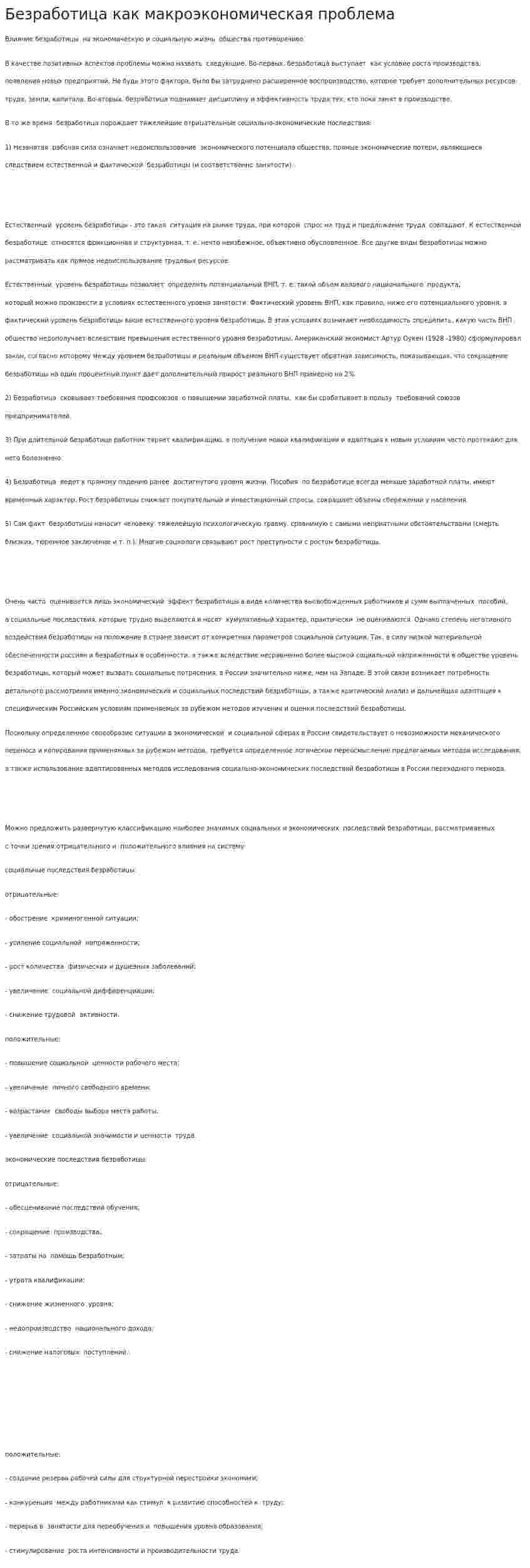 Безработица как макроэкономическая проблема