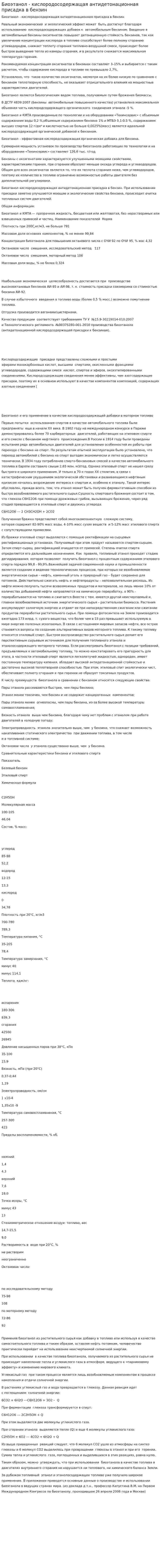 Биоэтанол - кислородосодержащая антидетонационная присадка в бензин