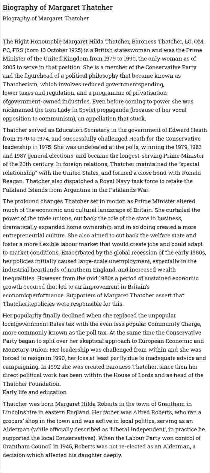 Biography of Margaret Thatcher