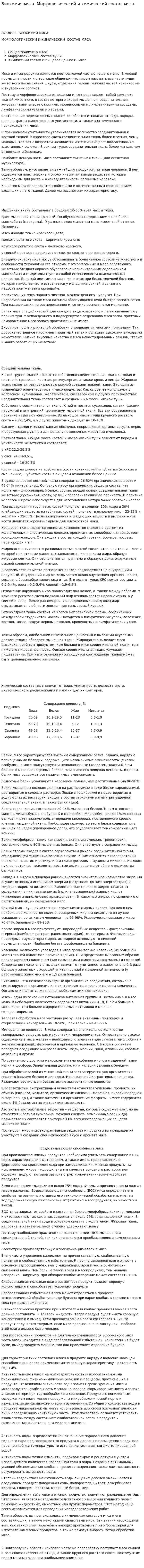 Биохимия мяса. Морфологический и химический состав мяса