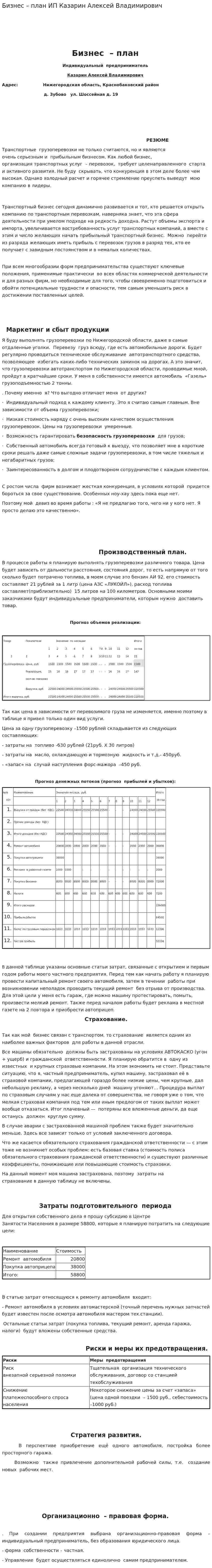 Бизнес – план ИП Казарин Алексей Владимирович