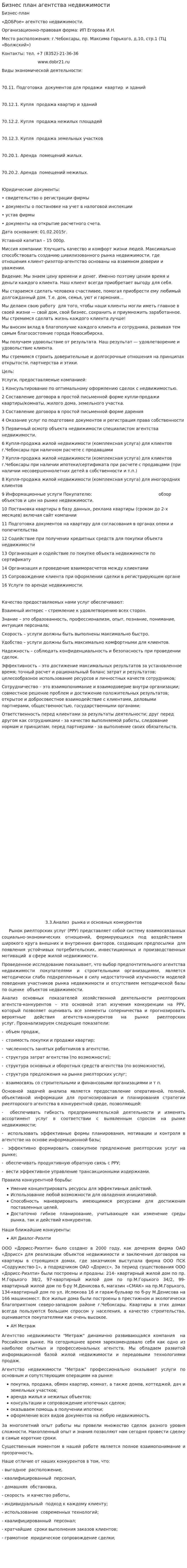 Бизнес план агентства недвижимости