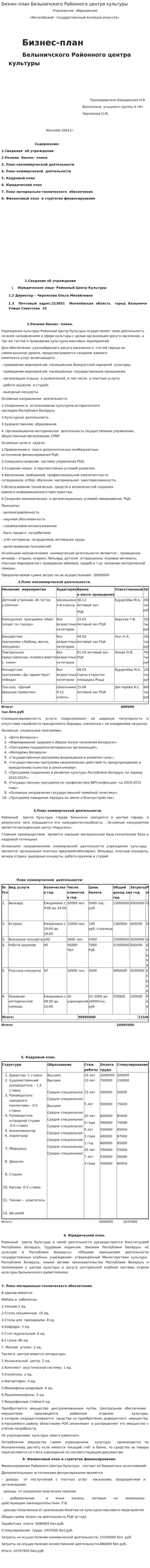 Бизнес-план Белыничского Районного центра культуры
