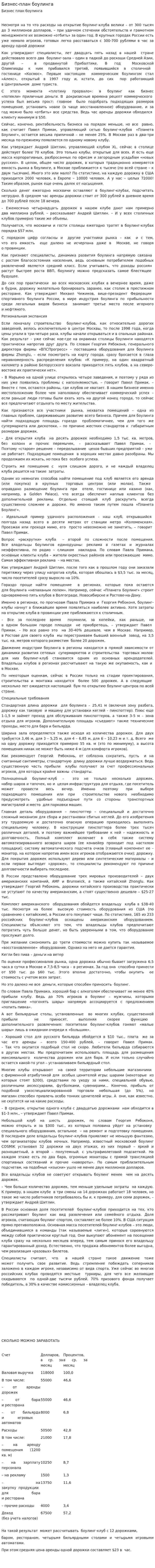 Бизнес-план боулинга