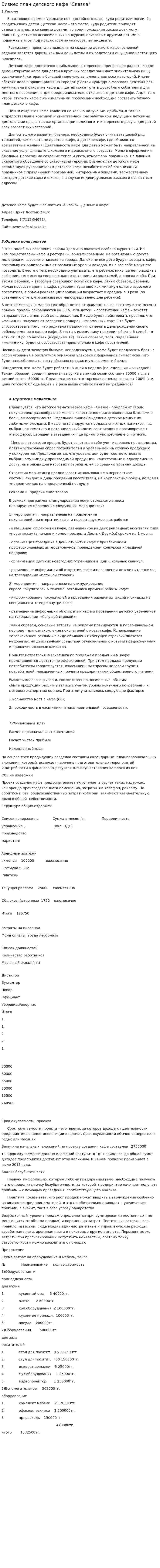 Бизнес план детского кафе "Сказка"