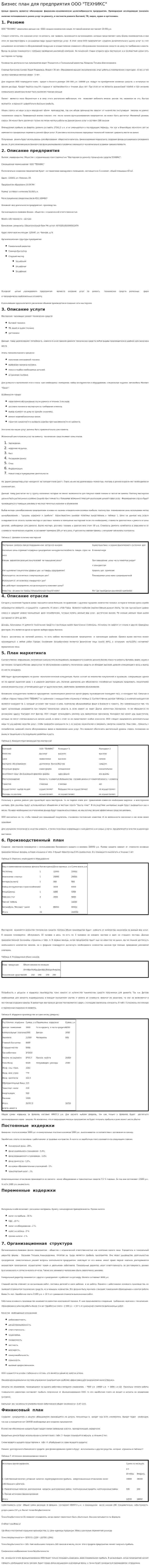 Бизнес план для предприятия ООО "ТЕХНИКС"