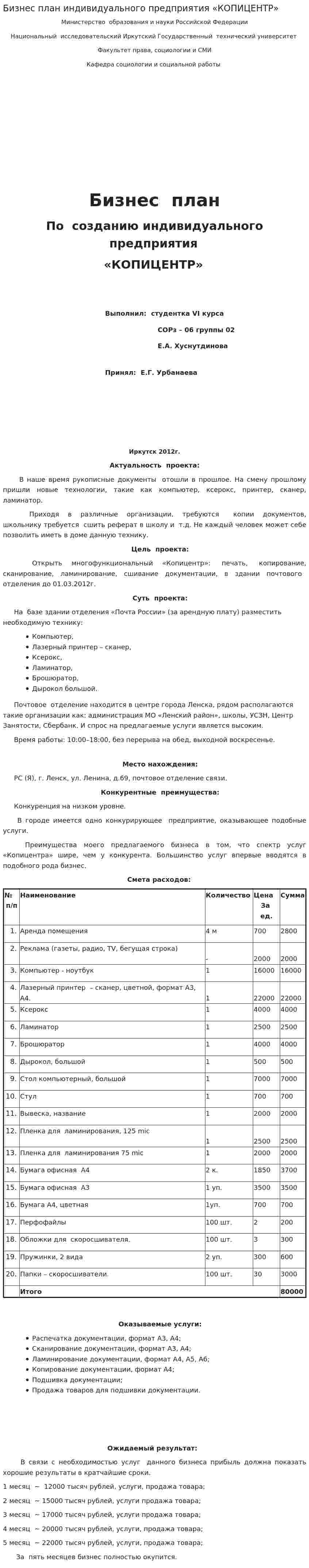 Бизнес план индивидуального предприятия «КОПИЦЕНТР»