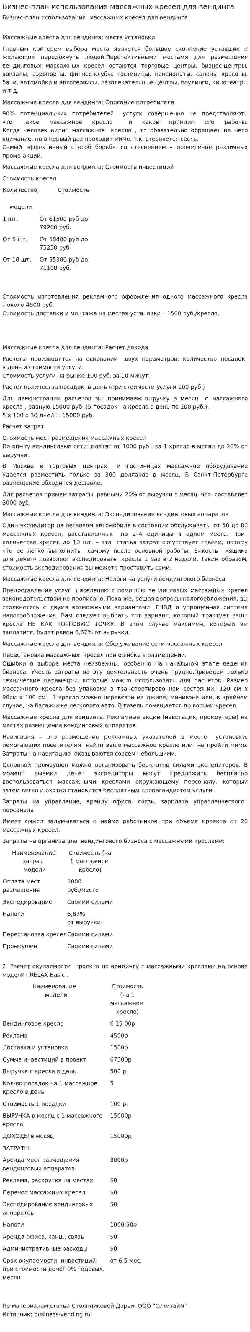 Бизнес-план использования массажных кресел для вендинга