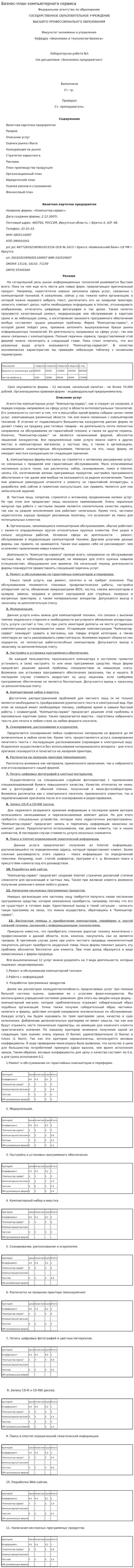 Бизнес-план компьютерного сервиса