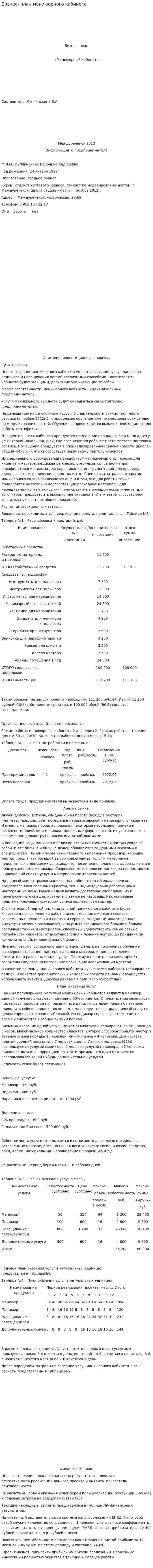 Бизнес- план маникюрного кабинета