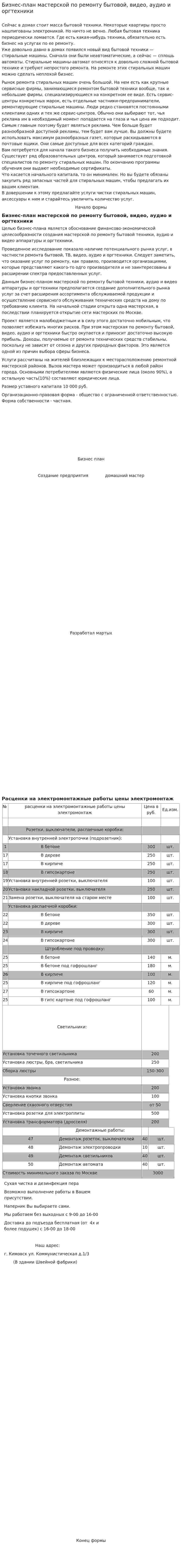 Бизнес-план мастерской по ремонту бытовой, видео, аудио и оргтехники