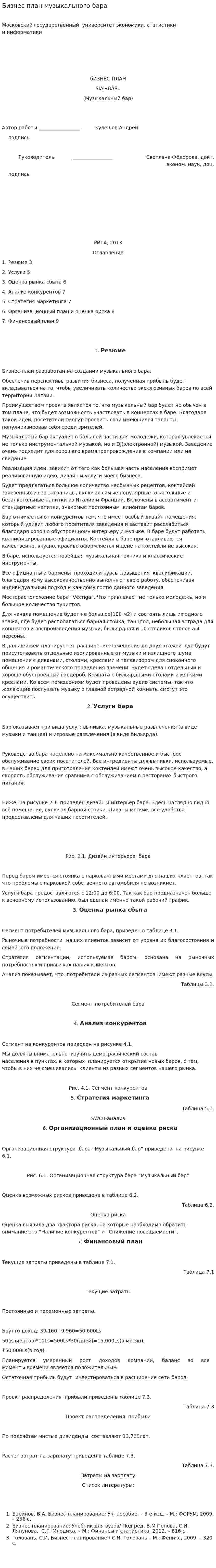 Бизнес план музыкального бара