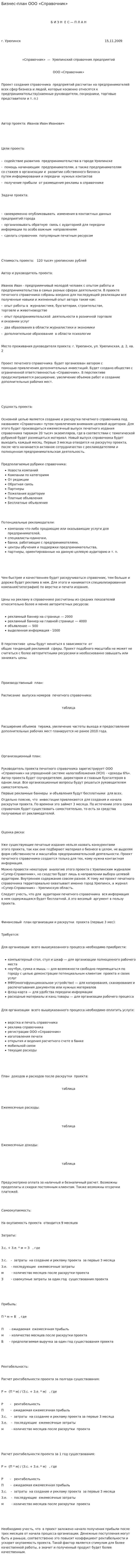 Бизнес-план ООО «Справочник»