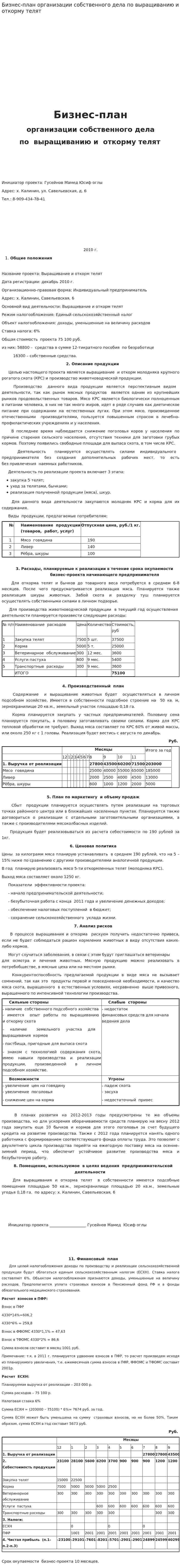 Бизнес-план организации собственного дела по выращиванию и откорму телят