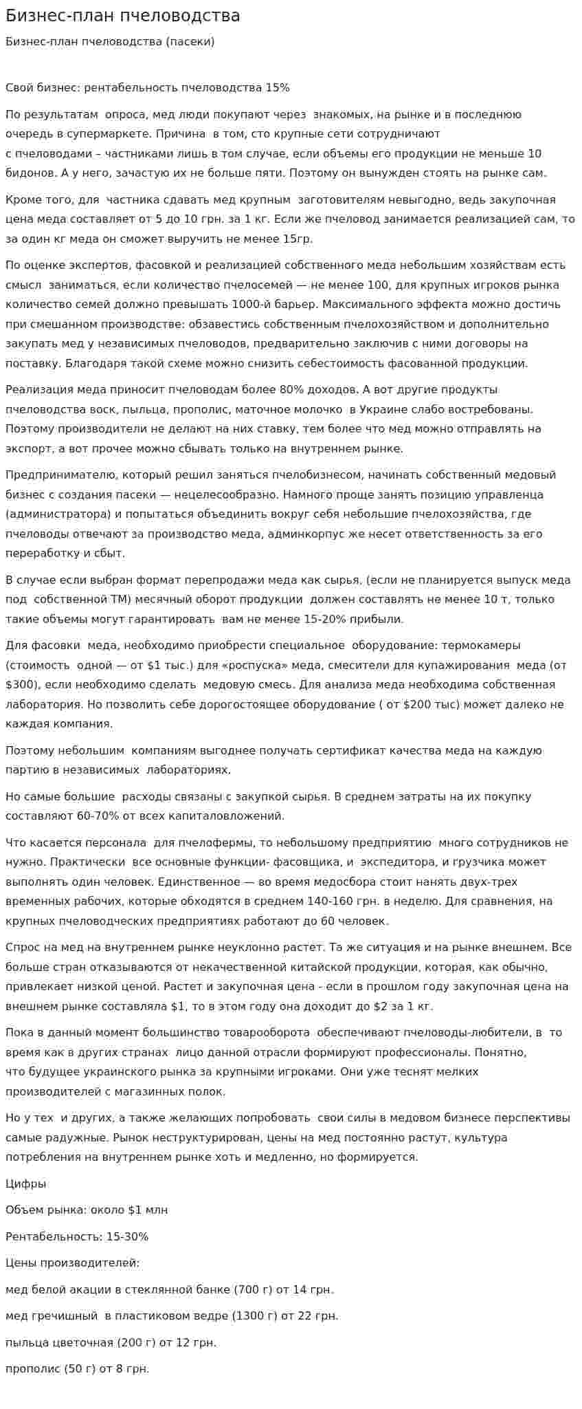Бизнес-план пчеловодства