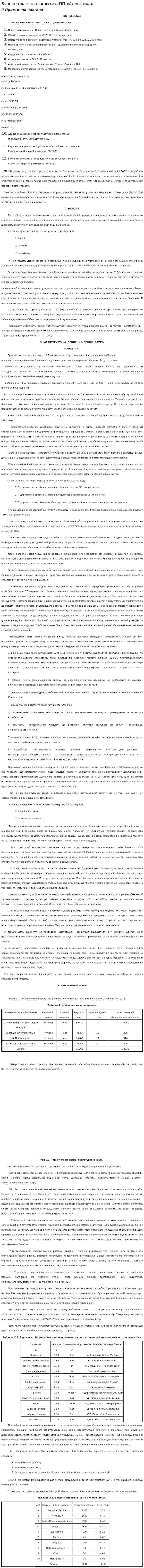 Бизнес-план по открытию ПП «Адріатика»