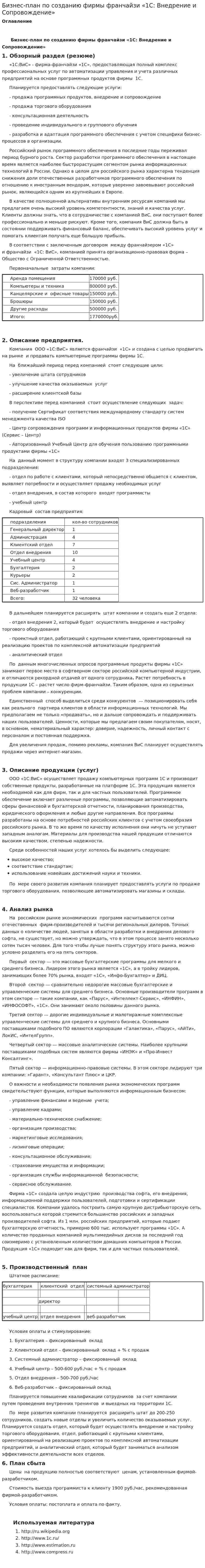 Бизнес-план по созданию фирмы франчайзи «1С: Внедрение и Сопровождение»