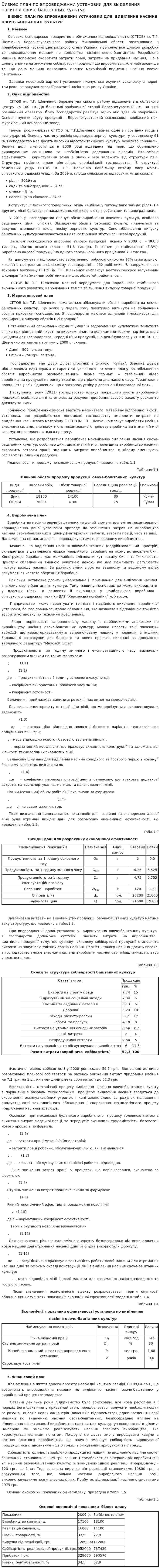 Бизнес план по впровадженни установки для выделения насиння овоче-баштанних культур