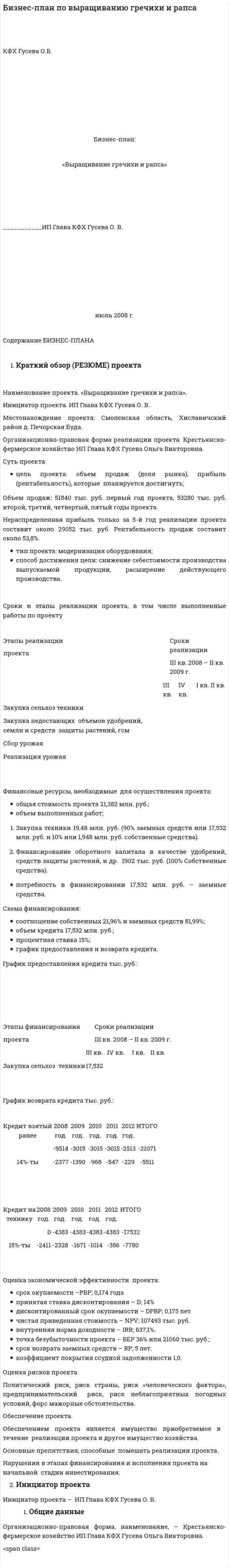 Бизнес-план по выращиванию гречихи и рапса