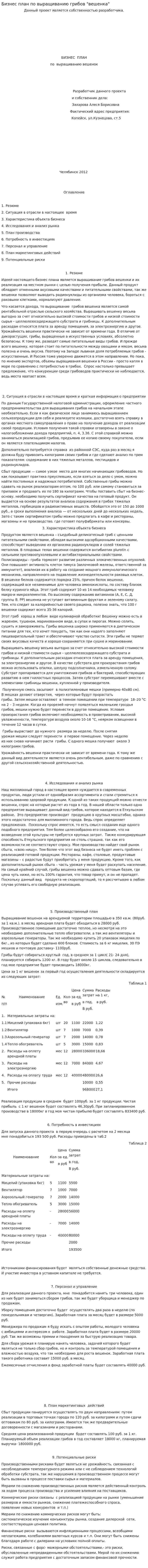 Бизнес план по выращиванию грибов "вешенка"