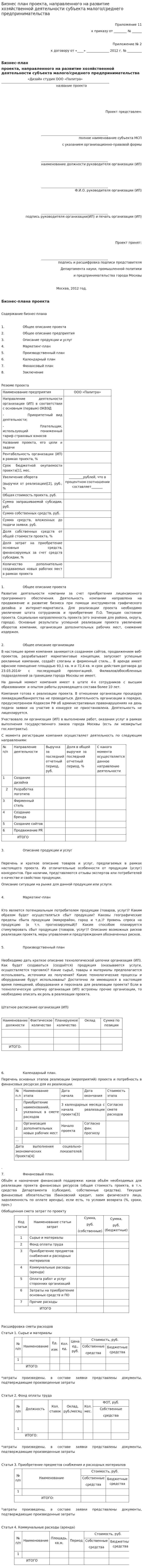 Бизнес план проекта, направленного на развитие хозяйственной деятельности субъекта малого/среднего предпринимательства