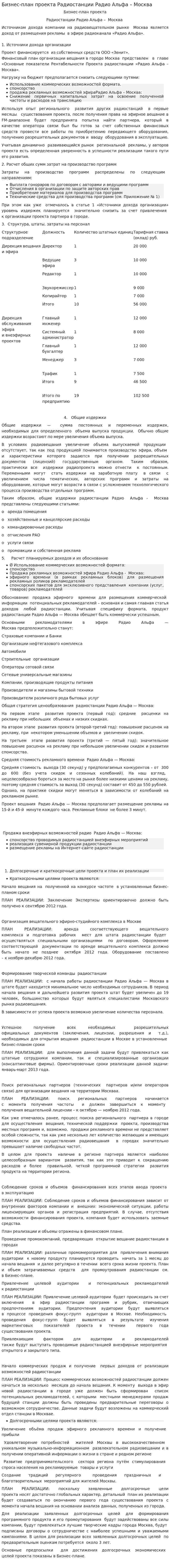 Бизнес-план проекта Радиостанции Радио Альфа – Москва