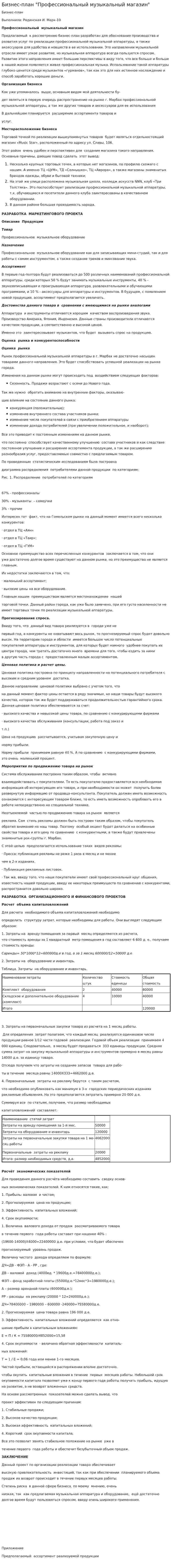 Бизнес-план "Профессиональный музыкальный магазин"