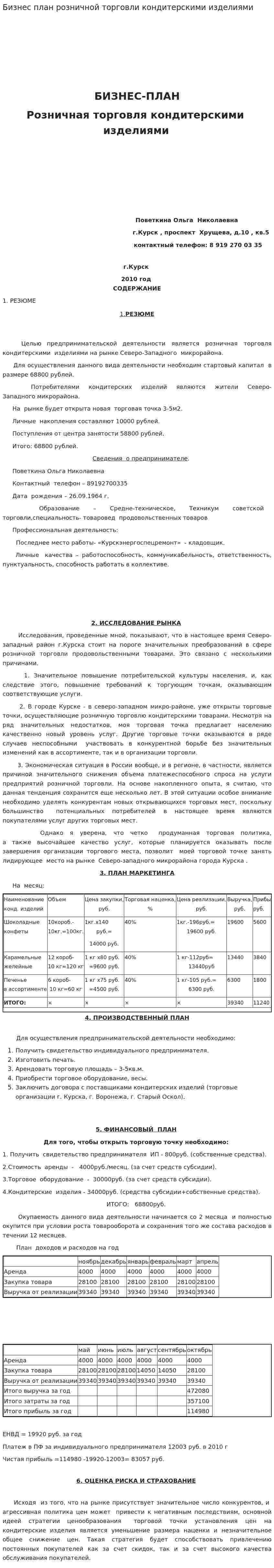 Бизнес план розничной торговли кондитерскими изделиями