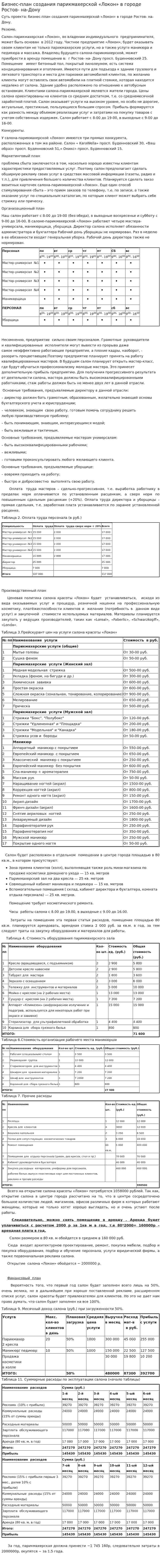 Бизнес-план создания парикмахерской «Локон» в городе Ростов- на-Дону