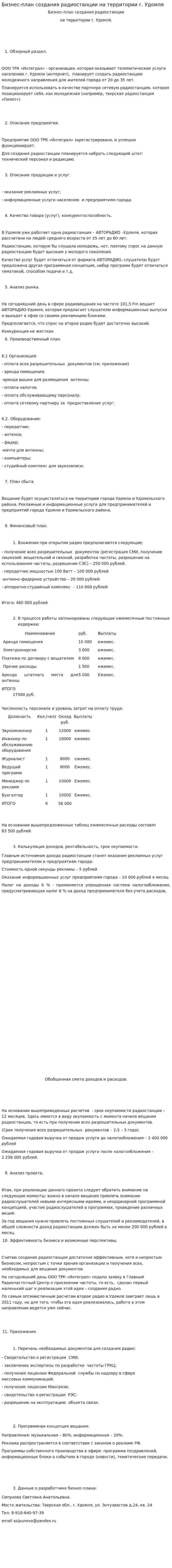 Бизнес-план создания радиостанции на территории г. Удомля