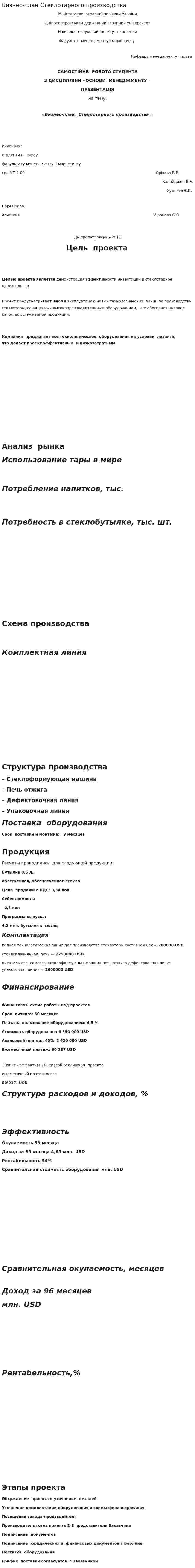 Бизнес-план Стеклотарного производства